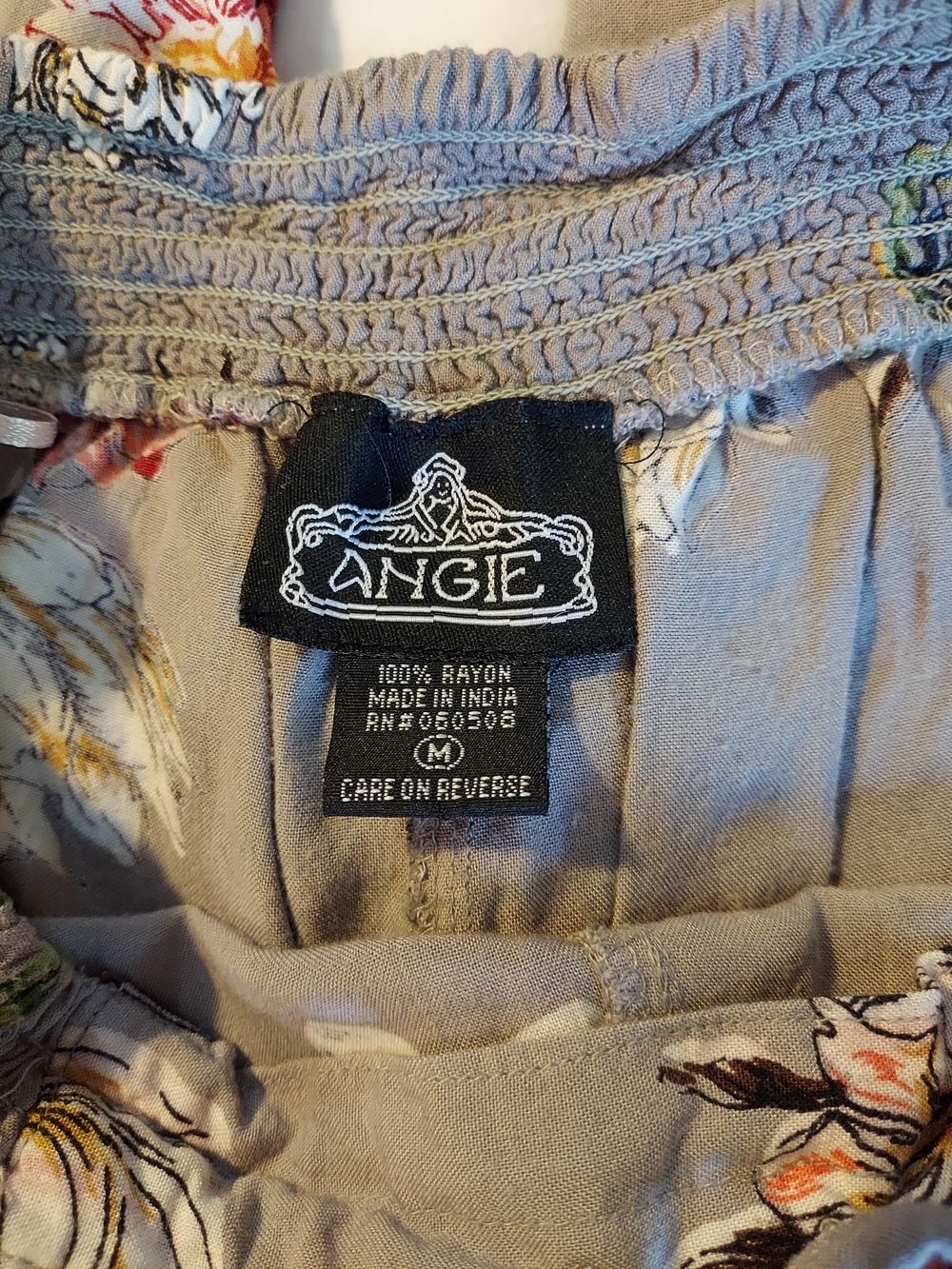 Angie Boho Wide Leg Floral Pants in Taupe with Pink & Green Accents - Picture 3 of 9